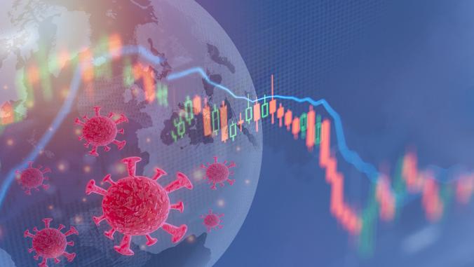 地球与经济数字和covid -19病毒的图像