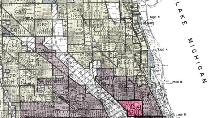 这是一幅20世纪中期芝加哥林肯公园社区的红线地图，现在这个社区已经很富裕了。