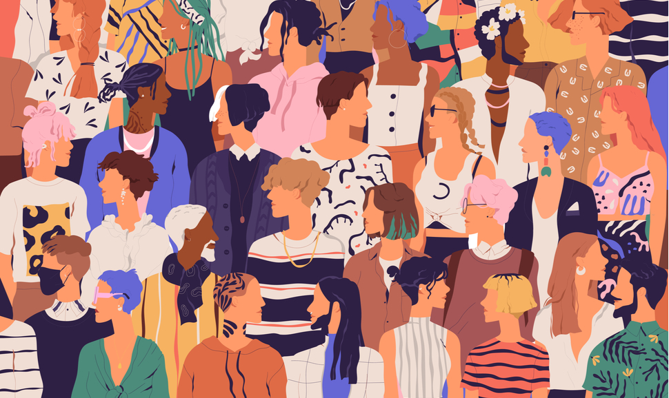 Illustration of diverse group of stylish people standing together, facing different directions.