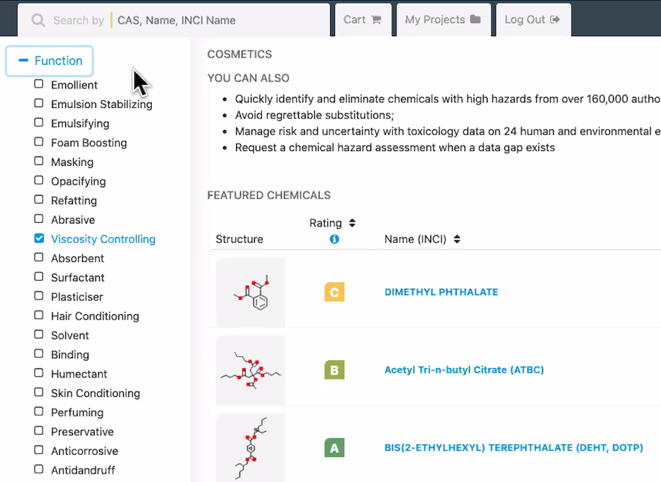 在CHEMForward样本视图化妆品成分的颜色编码的字母等级。