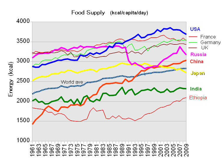粮食供应是在富裕国家比发展中国家高。该联合国粮食与农业组织认为2700千卡/人/天的食品供应的满意水平。