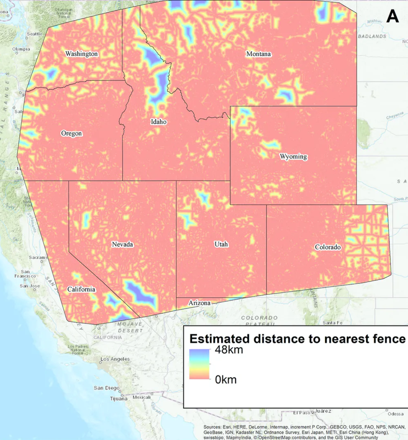作者组装了美国西部的保守数据集的潜在围栏线。它们计算到任何给定围栏的最近距离小于31英里（50公里），平均约2英里（3.1公里）。McInturff等，。2020，cc by-nd