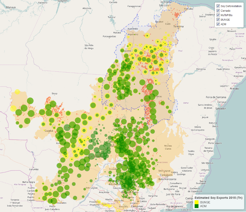使用Trase数据绘制的地图显示了巴西Cerrado大豆出口的来源。